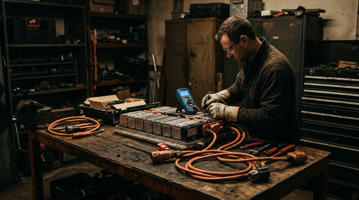 Technicien ganté mesurant au multimètre les modules d'une batterie de traction posée sur un établi, câbles orange autour