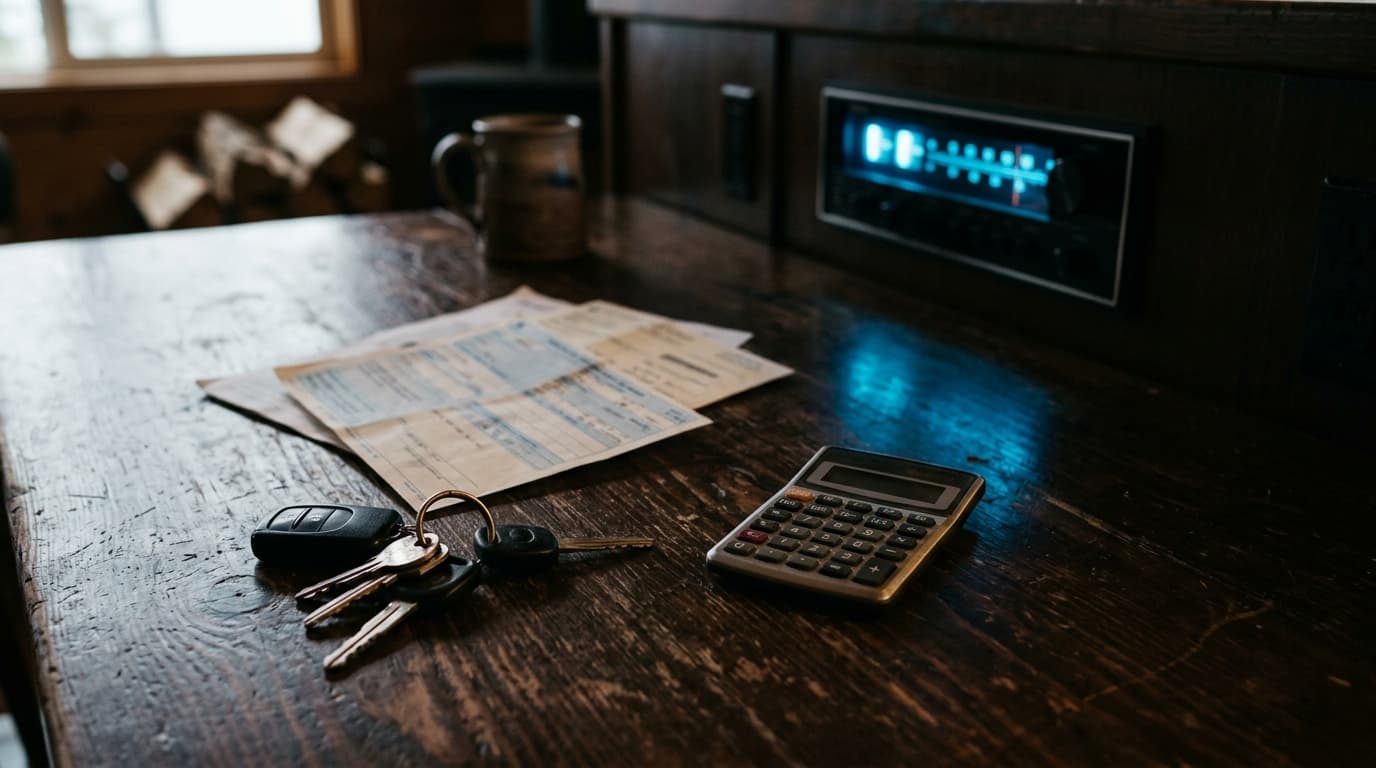 Documents de véhicule, clés de voiture et calculatrice sur une table en bois, écran bleu allumé en arrière-plan
